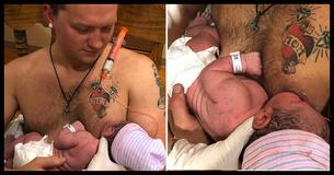 Vader hoopt andere vaders te inspireren met viral foto’s van hem waarop hij borstvoeding geeft aan zijn baby