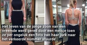 Het leven van de jonge zoon van een vreemde werd gered door een meisje toen ze per ongeluk een foto van haar jurk naar het verkeerde nummer stuurde.