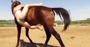 Un cheval impatient en a assez d'une femme qui lutte pour monter à dos nu
