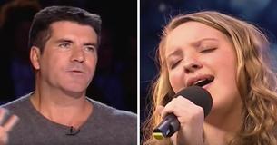 Verlegen meisje die de microfoon stevig vasthoudt blaast Simon omver als ze het eerste couplet zingt van haar versie van een klassieker