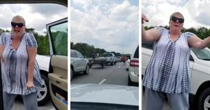 Frau tanzt, um sich die Zeit zu vertreiben, während sie in einem Verkehrsstau auf dem Highway festsitzt