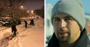 2 kleine jongens rennen uit vaders truck om sneeuw te schuiven, en dan ziet de vader een man achter hen