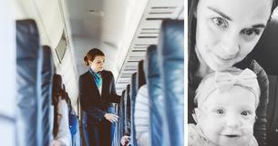 Zieke baby met zuurstofondersteuning en haar moeder gaan aan boord vlucht en als ze in hun stoelen gaan zitten, de stewardess vraagt hen ergens anders te gaan zitten