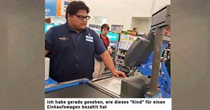 Ein Kassierer im Teenageralter legt die 95€-Rechnung einer weinenden Frau im Supermarkt aus und sagt zu ihr: "Ich kümmer mich darum".
