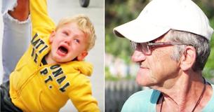 Vrouw lacht om hoe opa verwend kind behandelt