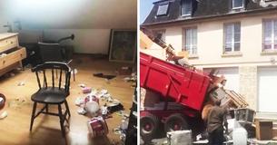Ein wütender Vermieter sammelt die Sauerei ein, die von unverantwortlichen Mietern hinterlassen wurde und lädt sie vor ihrem neuen Zuhause ab