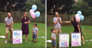 L'épouse va libérer des ballons, mais son mari s'empare d'une autre boîte pour le jumeau secret