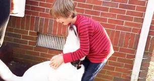 Kleine jongen en hond beginnen allebei te huilen als ze eindelijk, na een jaar uit elkaar, herenigd zijn