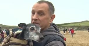 Honderden meelevende mensen vergezellen geliefde oude hond bij zijn laatste wandeling over zijn favoriete strand