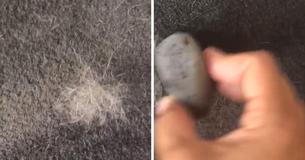 Woman Gets Dog Hairs Out Of Carpet Easily Using A Pumice Stone