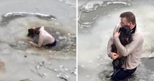 Un homme saute dans de l'eau glacée pour sauver un petit chien qui n'est même pas le sien