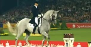 Paard doet dressuur maar zijn ritmische en funky aanpassing op de muziek lijkt meer op dansen