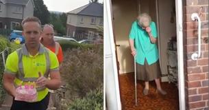 100 jaar oude dame huilde tranen van vreugde toen afvalverzamelaars haar verrasten met een roze en witte verjaardagstaart na haar belofte om haar verjaardag bij te wonen als ze de 100 jaar haalde