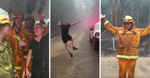 Brandweerlieden vechten tegen bosbranden in Australië en dansen in de regen als het de brandzone binnenkomt