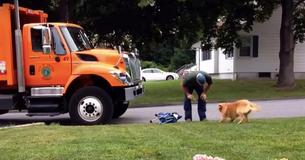 Un trabajador de la basura se acerca a un perro mientras su dueño lo graba todo en secreto