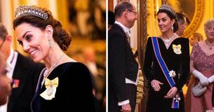 Kate Middleton porte un diadème et une robe de velours pour la fête d'avant-Noël de la Reine Elizabeth à Buckingham Palace