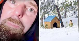 Dierenarts probeert te slapen tijdens vrieskou te slapen in een hondenhok om te laten zien hoeveel honden lijden als ze buiten blijven tijdens de winter.