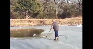 Un homme marche sur une mince couche de glace avec une simple corde pour sauver le chien d'un voisin coincé dans un bassin gelé
