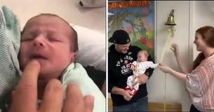 Une petite fille de 4 mois gagne sa lutte contre le cancer du cerveau et sa mère l'aide à faire sonner la cloche en quittant l'hôpital