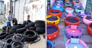 Un artiste collectionne de vieux pneus pour les transformer en lits douillets pour les chiens et chats errants