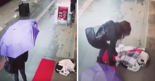 Une caméra de sécurité capture une femme qui donne son foulard à un chien errant qui tremble
