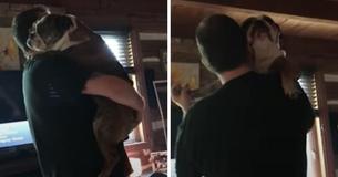 Bulldog Jumps In Father's Arms For Slow Dance
