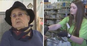 Un homme âgé ne peut pas payer ses courses et veut remettre des articles en place, à ce moment-là la caissière intervient et dit "non, c'est payé"