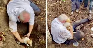 Un homme commence à pleurer après avoir sauvé son chien disparu d'un trou de renard