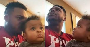 Vader ruikt verschillende keren aan het haar van zijn baby en de grappige reactie van de baby is gewoon te schattig om te negeren