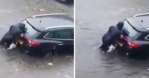 Woman And Her Spaniel Push Car Along Flooded Street Ahead Of Storm Warnings