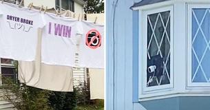 Buren richten pas geïnstalleerde camera's op huis van een stel, dus hangen ze een waslijn op om hun zicht te blokkeren