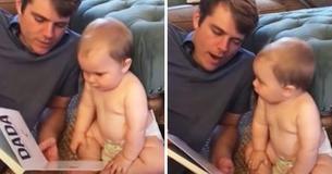 Baby, das noch nie gesprochen hat, liest Buch über Väter und sagt schlussendlich "Mama" als erstes Wort