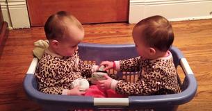 Twin Toddlers Amuse Mom With Serious Sock Conversation In Laundry Basket