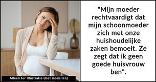 Echtgenoot verwijt zwangere echtgenote dat geen goede huisvrouw is en verwacht dat ze kookt en schoonmaakt, ook al werkt ze 14 uur per dag