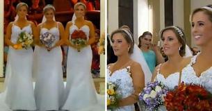 Eineiige Drillingsschwestern heiraten ihre Ehemänner in atemberaubender dreifacher kirchlicher Hochzeitszeremonie