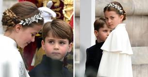 La protectrice Princesse Charlotte prend la main du Prince Louis dans un geste tendre lors du couronnement