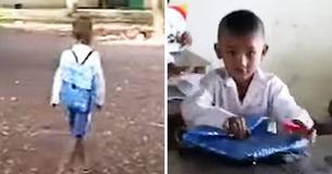 Father Can't Afford To Buy A New Backpack For His Kid So He Weaves One By Hand Using Blue String