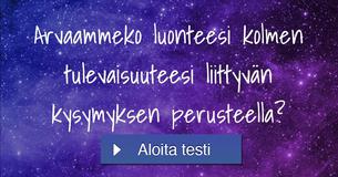 Arvaammeko luonteesi kolmen tulevaisuuteesi liittyvän kysymyksen perusteella?